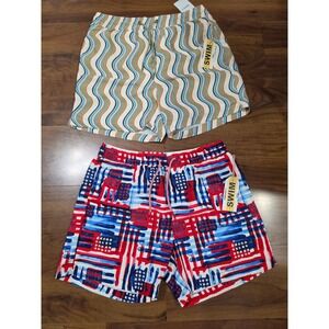 NWT Forever 21 Swim Trunks Medium Multicolor American Flag Wavy Stripe Lot of 2
